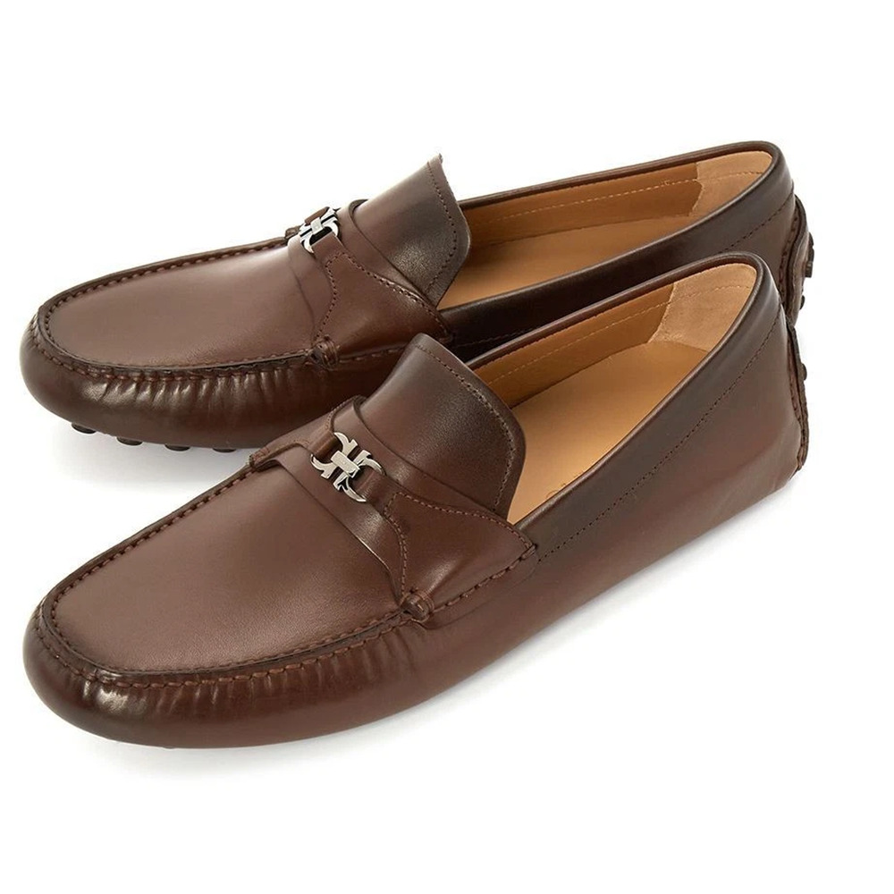 Salvatore Ferragamo Florin Leather Moccasin Driving Loafer Shoes Brown Men 10.5E